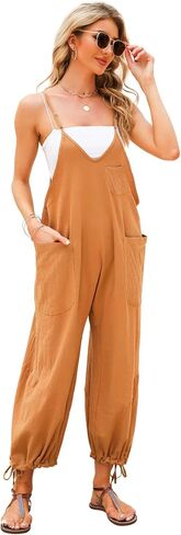 Womens Overalls V Neck Summer Baggy Linen Sleeveless Adjustable Straps Harem Jumpsuits with Pockets in Kuwait