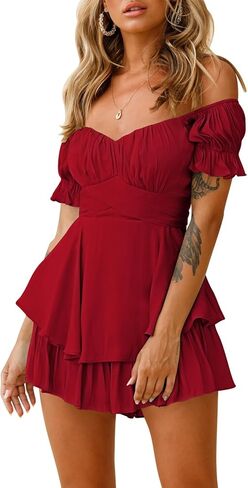 Linsery Off Shoulder Romper for Women Ruffle Layer Summer Boho Chiffon Shorts Rompers Jumpsuits Dress Red L in Kuwait