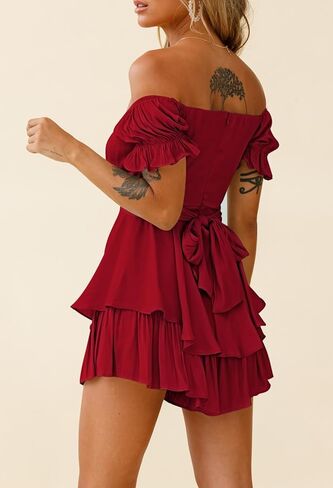 Linsery Off Shoulder Romper for Women Ruffle Layer Summer Boho Chiffon Shorts Rompers Jumpsuits Dress Red L in Kuwait
