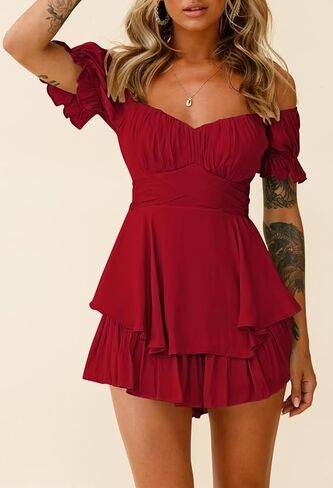 Linsery Off Shoulder Romper for Women Ruffle Layer Summer Boho Chiffon Shorts Rompers Jumpsuits Dress Red L in Kuwait