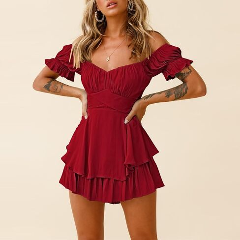 Linsery Off Shoulder Romper for Women Ruffle Layer Summer Boho Chiffon Shorts Rompers Jumpsuits Dress Red L in Kuwait