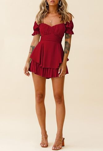 Linsery Off Shoulder Romper for Women Ruffle Layer Summer Boho Chiffon Shorts Rompers Jumpsuits Dress Red L in Kuwait