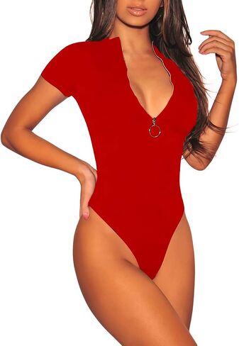 Doklens Womens Sexy Short Sleeve Zipper V-Neck Jumpsuit Stretchy Bodysuit Rompers Playsuit Bodycon Leotards in Saudi Arabia