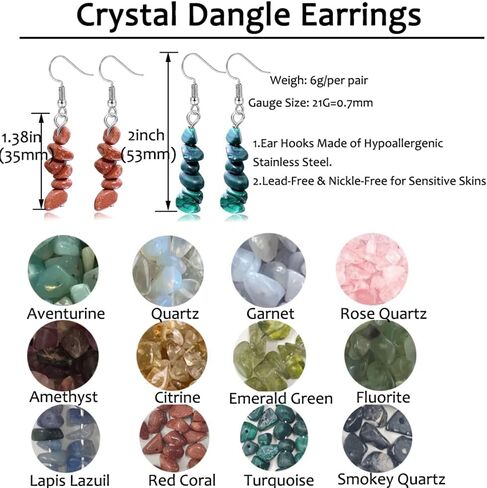 Sllaiss 12 Piars الفولاذ المقاوم للصدأ كريستال تتدلى الأقراط للنساء جمشت الكوارتز السترين الأحجار الكريمة انخفاض القرط مجموعة الطبيعية شفاء حجر القرط مجوهرات in Kuwait