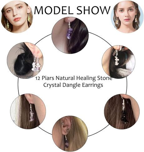 Sllaiss 12 Piars الفولاذ المقاوم للصدأ كريستال تتدلى الأقراط للنساء جمشت الكوارتز السترين الأحجار الكريمة انخفاض القرط مجموعة الطبيعية شفاء حجر القرط مجوهرات in Kuwait