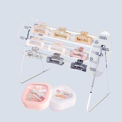 Clear Acrylic Hair Claw Clip Holder, Hair Accessories Organizer & 2 Pcs Hair Tie Organizer 360° Rotating Hair Clip Headband Storage Holder for Women Girls Hair Accessories(Pink&White) in Kuwait