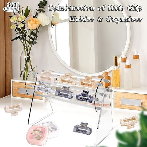 Clear Acrylic Hair Claw Clip Holder, Hair Accessories Organizer & 2 Pcs Hair Tie Organizer 360° Rotating Hair Clip Headband Storage Holder for Women Girls Hair Accessories(Pink&White) in Kuwait