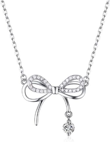 Sterling Silver Three-Dimensional Bow Ribbon Knot Pendant Necklace Simulated Diamond Cubic Zirconia Crystal Bowknot Jewelry for Women Girls in Kuwait