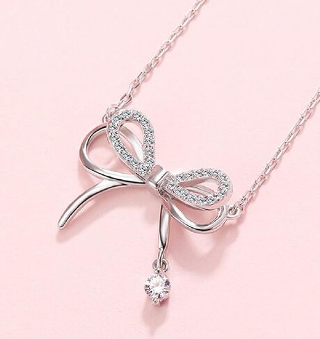 Sterling Silver Three-Dimensional Bow Ribbon Knot Pendant Necklace Simulated Diamond Cubic Zirconia Crystal Bowknot Jewelry for Women Girls in Kuwait