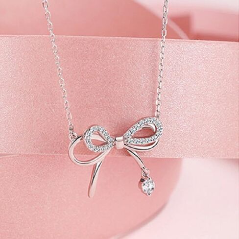 Sterling Silver Three-Dimensional Bow Ribbon Knot Pendant Necklace Simulated Diamond Cubic Zirconia Crystal Bowknot Jewelry for Women Girls in Kuwait
