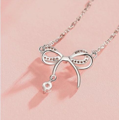 Sterling Silver Three-Dimensional Bow Ribbon Knot Pendant Necklace Simulated Diamond Cubic Zirconia Crystal Bowknot Jewelry for Women Girls in Kuwait