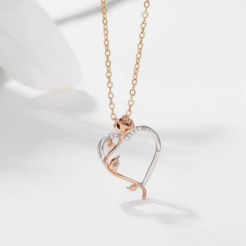 Pingyongchang Rose Heart Necklaces for Women Girls, Rose Love Heart Pendant Necklace Jewelry Mothers Day Valentines Anniversary Birthday Gifts for Her Women Wife Girlfriend Mom, Metal Rhinestone, No in Saudi Arabia