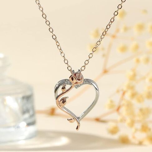 Pingyongchang Rose Heart Necklaces for Women Girls, Rose Love Heart Pendant Necklace Jewelry Mothers Day Valentines Anniversary Birthday Gifts for Her Women Wife Girlfriend Mom, Metal Rhinestone, No in Saudi Arabia