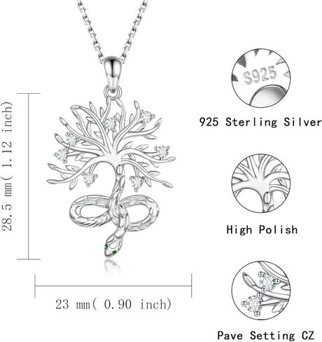 Tree of Life Necklace for Women - 925 Sterling Silver Snake Pendant Cubic Zirconia Family Trees Jewelry Dainty Gifts for Girls Mom Her, Sterling Silver, Cubic Zirconia in Kuwait