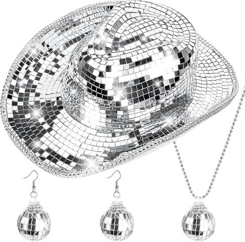 Silver Cowgirl Hat Disco Cowboy Party Hats Set for Women With Shiny Disco Ball Necklace and Mirrored Sequin Earrings Sparkly Western Cowboy Dancing Hat for 70s Disco Party Bar Club Show Costume Caps in Kuwait