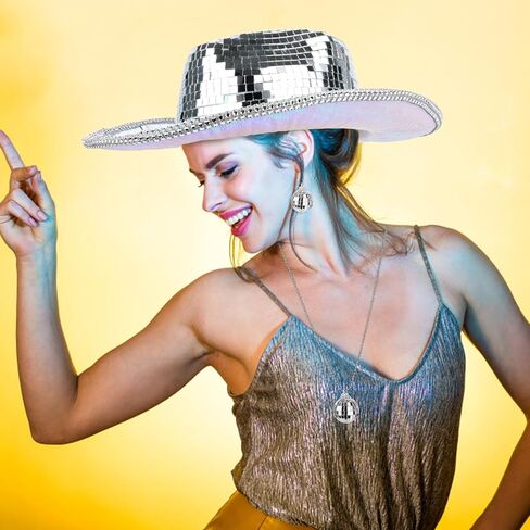 Silver Cowgirl Hat Disco Cowboy Party Hats Set for Women With Shiny Disco Ball Necklace and Mirrored Sequin Earrings Sparkly Western Cowboy Dancing Hat for 70s Disco Party Bar Club Show Costume Caps in Kuwait