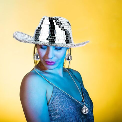 Silver Cowgirl Hat Disco Cowboy Party Hats Set for Women With Shiny Disco Ball Necklace and Mirrored Sequin Earrings Sparkly Western Cowboy Dancing Hat for 70s Disco Party Bar Club Show Costume Caps in Kuwait