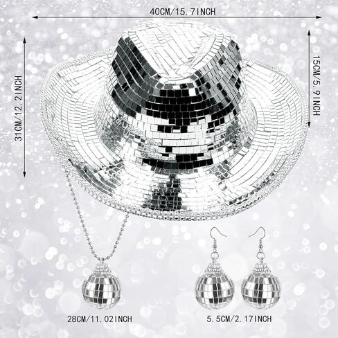 Silver Cowgirl Hat Disco Cowboy Party Hats Set for Women With Shiny Disco Ball Necklace and Mirrored Sequin Earrings Sparkly Western Cowboy Dancing Hat for 70s Disco Party Bar Club Show Costume Caps in Kuwait
