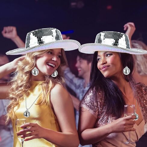 Silver Cowgirl Hat Disco Cowboy Party Hats Set for Women With Shiny Disco Ball Necklace and Mirrored Sequin Earrings Sparkly Western Cowboy Dancing Hat for 70s Disco Party Bar Club Show Costume Caps in Kuwait