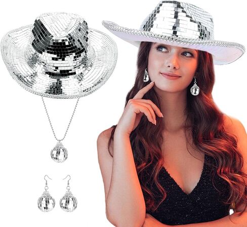 Silver Cowgirl Hat Disco Cowboy Party Hats Set for Women With Shiny Disco Ball Necklace and Mirrored Sequin Earrings Sparkly Western Cowboy Dancing Hat for 70s Disco Party Bar Club Show Costume Caps in Kuwait