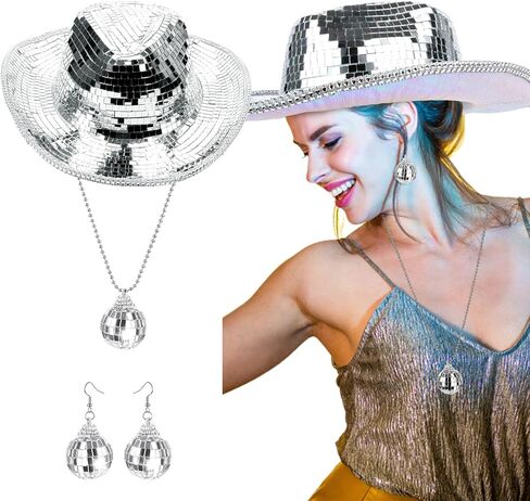 Silver Cowgirl Hat Disco Cowboy Party Hats Set for Women With Shiny Disco Ball Necklace and Mirrored Sequin Earrings Sparkly Western Cowboy Dancing Hat for 70s Disco Party Bar Club Show Costume Caps in Kuwait