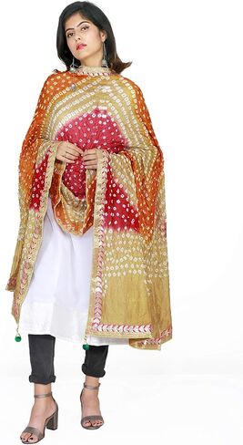 وشاح حريري Jaipuri Rajasthani Bandhani Bandhej النسائي ثقيل متعدد الألوان مع عمل Gota ولاتكان in Saudi Arabia