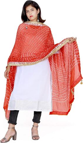 وشاح حريري Jaipuri Rajasthani Bandhani Bandhej النسائي ثقيل متعدد الألوان مع عمل Gota ولاتكان in Saudi Arabia
