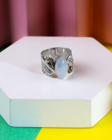 YoTreasure الأزرق النحاس الفيروز قوس قزح Moonstone الصلبة 925 فضة النحاس واسعة النطاق بوهو خاتم in Saudi Arabia