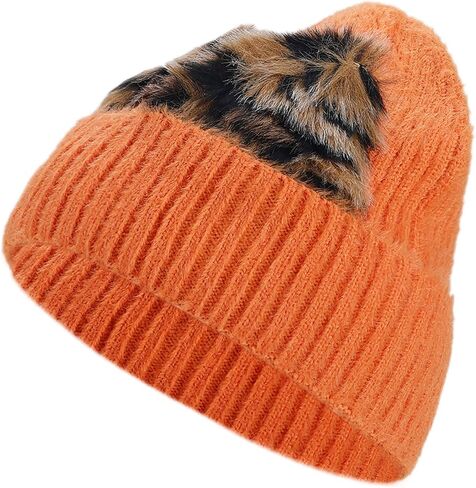 Leopard Print Cat Ears Beanie Hat Cute Solid Color Skull Cap Knit Cuffed Watch Hats in Kuwait