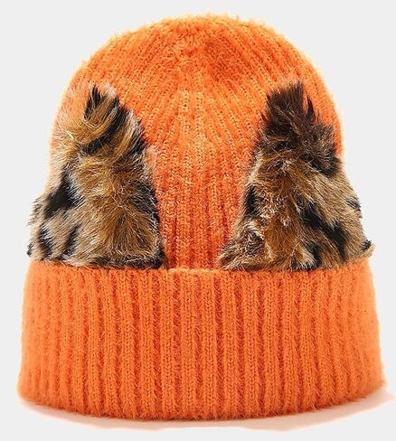 Leopard Print Cat Ears Beanie Hat Cute Solid Color Skull Cap Knit Cuffed Watch Hats in Kuwait