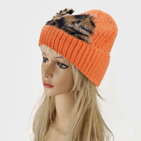 Leopard Print Cat Ears Beanie Hat Cute Solid Color Skull Cap Knit Cuffed Watch Hats in Kuwait