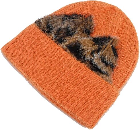Leopard Print Cat Ears Beanie Hat Cute Solid Color Skull Cap Knit Cuffed Watch Hats in Kuwait