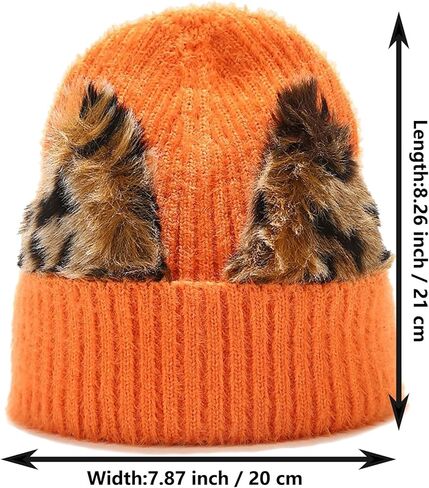 Leopard Print Cat Ears Beanie Hat Cute Solid Color Skull Cap Knit Cuffed Watch Hats in Kuwait