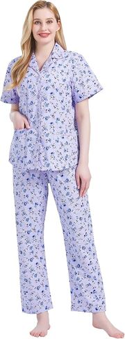 GLOBAL Women's 100% Cotton Pajama Set|Short-Sleeved with Pants PJs |Button Down Front Top&Drawstring Waist Bottom Nightwear in Saudi Arabia