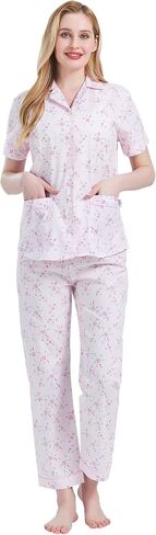 GLOBAL Women's 100% Cotton Pajama Set|Short-Sleeved with Pants PJs |Button Down Front Top&Drawstring Waist Bottom Nightwear in Saudi Arabia