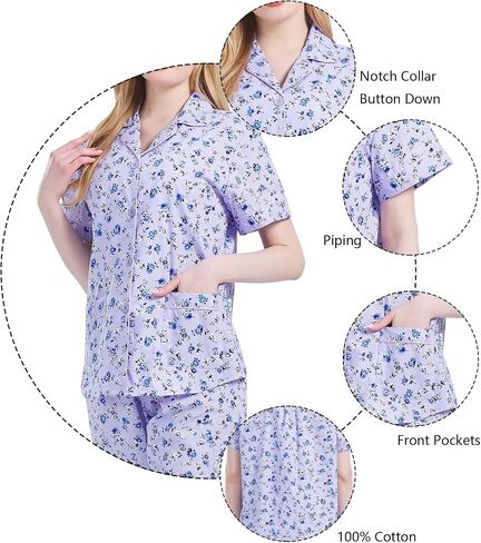 GLOBAL Women's 100% Cotton Pajama Set|Short-Sleeved with Pants PJs |Button Down Front Top&Drawstring Waist Bottom Nightwear in Saudi Arabia