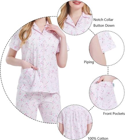 GLOBAL Women's 100% Cotton Pajama Set|Short-Sleeved with Pants PJs |Button Down Front Top&Drawstring Waist Bottom Nightwear in Saudi Arabia