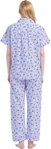 GLOBAL Women's 100% Cotton Pajama Set|Short-Sleeved with Pants PJs |Button Down Front Top&Drawstring Waist Bottom Nightwear in Saudi Arabia
