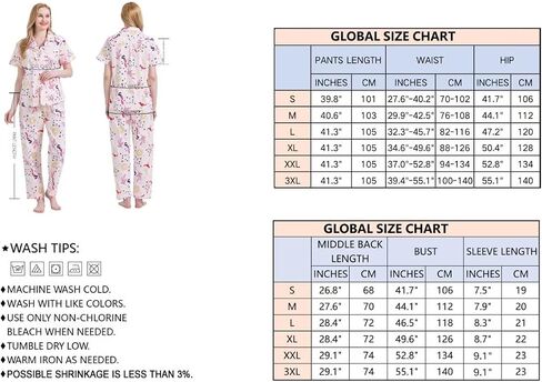 GLOBAL Women's 100% Cotton Pajama Set|Short-Sleeved with Pants PJs |Button Down Front Top&Drawstring Waist Bottom Nightwear in Saudi Arabia