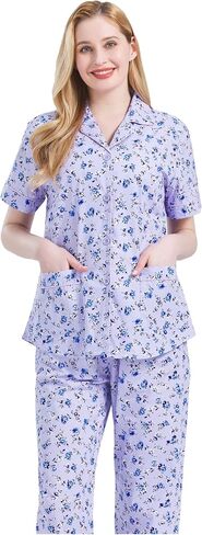 GLOBAL Women's 100% Cotton Pajama Set|Short-Sleeved with Pants PJs |Button Down Front Top&Drawstring Waist Bottom Nightwear in Saudi Arabia