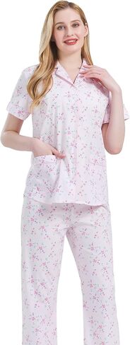GLOBAL Women's 100% Cotton Pajama Set|Short-Sleeved with Pants PJs |Button Down Front Top&Drawstring Waist Bottom Nightwear in Saudi Arabia