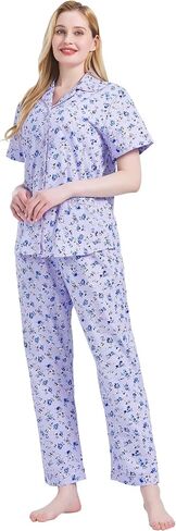 GLOBAL Women's 100% Cotton Pajama Set|Short-Sleeved with Pants PJs |Button Down Front Top&Drawstring Waist Bottom Nightwear in Saudi Arabia