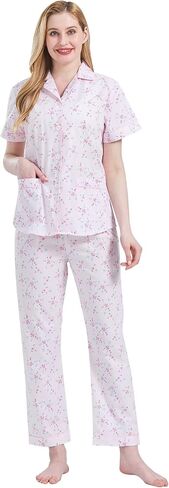 GLOBAL Women's 100% Cotton Pajama Set|Short-Sleeved with Pants PJs |Button Down Front Top&Drawstring Waist Bottom Nightwear in Saudi Arabia