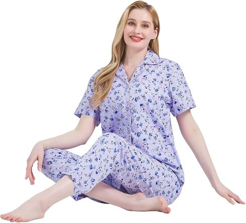 GLOBAL Women's 100% Cotton Pajama Set|Short-Sleeved with Pants PJs |Button Down Front Top&Drawstring Waist Bottom Nightwear in Saudi Arabia