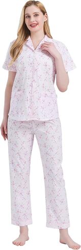 GLOBAL Women's 100% Cotton Pajama Set|Short-Sleeved with Pants PJs |Button Down Front Top&Drawstring Waist Bottom Nightwear in Saudi Arabia