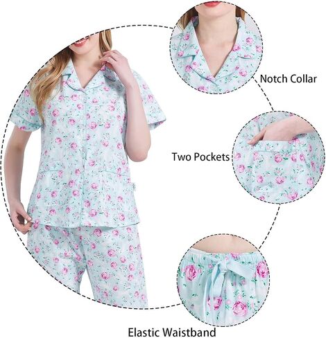 GLOBAL Women's 100% Cotton Pajama Set|Short-Sleeved with Pants PJs |Button Down Front Top&Drawstring Waist Bottom Nightwear in Saudi Arabia