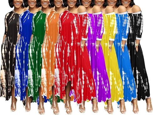 فستان نسائي طويل كاجوال بصبغة التعادل مقاس كبير نصف كم فضفاض وطويل مع جيب ملابس الشاطئ in Kuwait