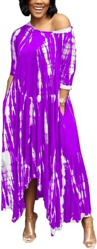 فستان نسائي طويل كاجوال بصبغة التعادل مقاس كبير نصف كم فضفاض وطويل مع جيب ملابس الشاطئ in Kuwait