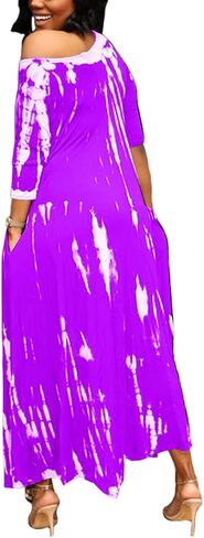 فستان نسائي طويل كاجوال بصبغة التعادل مقاس كبير نصف كم فضفاض وطويل مع جيب ملابس الشاطئ in Kuwait