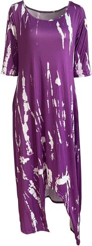 فستان نسائي طويل كاجوال بصبغة التعادل مقاس كبير نصف كم فضفاض وطويل مع جيب ملابس الشاطئ in Kuwait